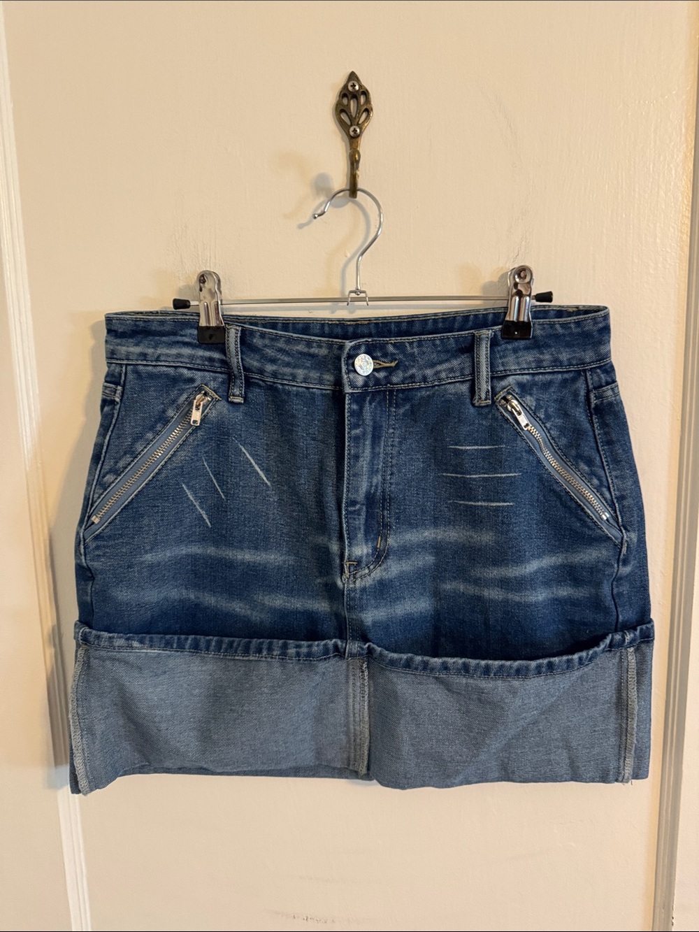 Art Denim Design Jean Miniskirt with Folded Bottom size Medium
